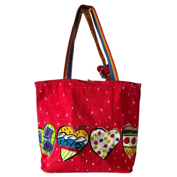 Sally Huss Heart Canvas XLarge Standing Tote Bag With Rainbow Hearts Charm - Picture 4 of 10